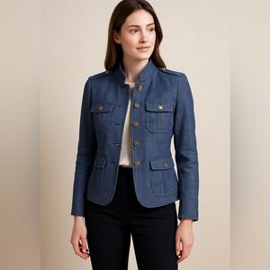 Banana Republic Blue Denim Color Linen Safari Style Military Blazer Jacket Sz 10